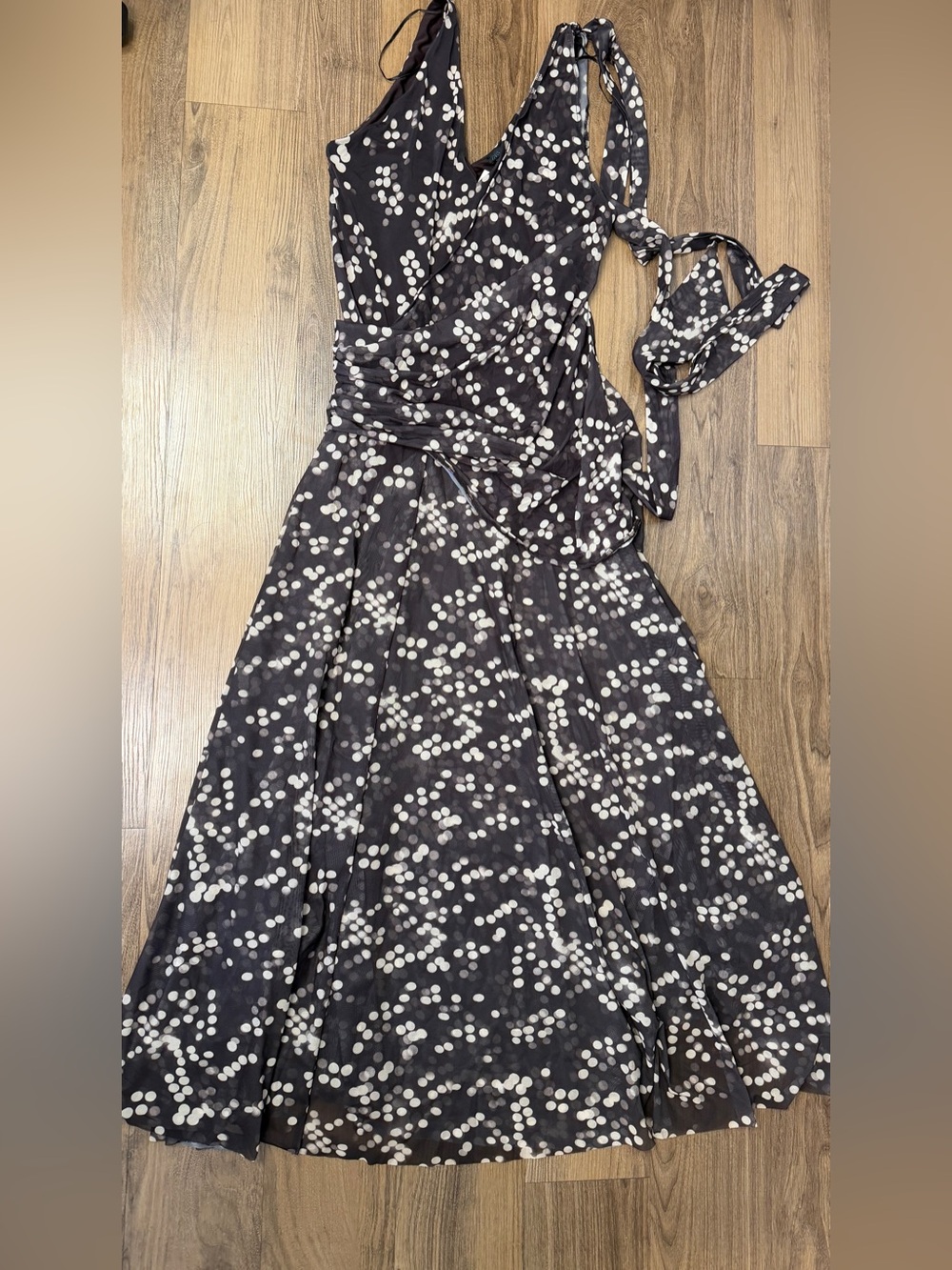 Zara Polka Dot Sheer Dress Resort Flowy Maxi Brown Ecru Bohemian Scarf